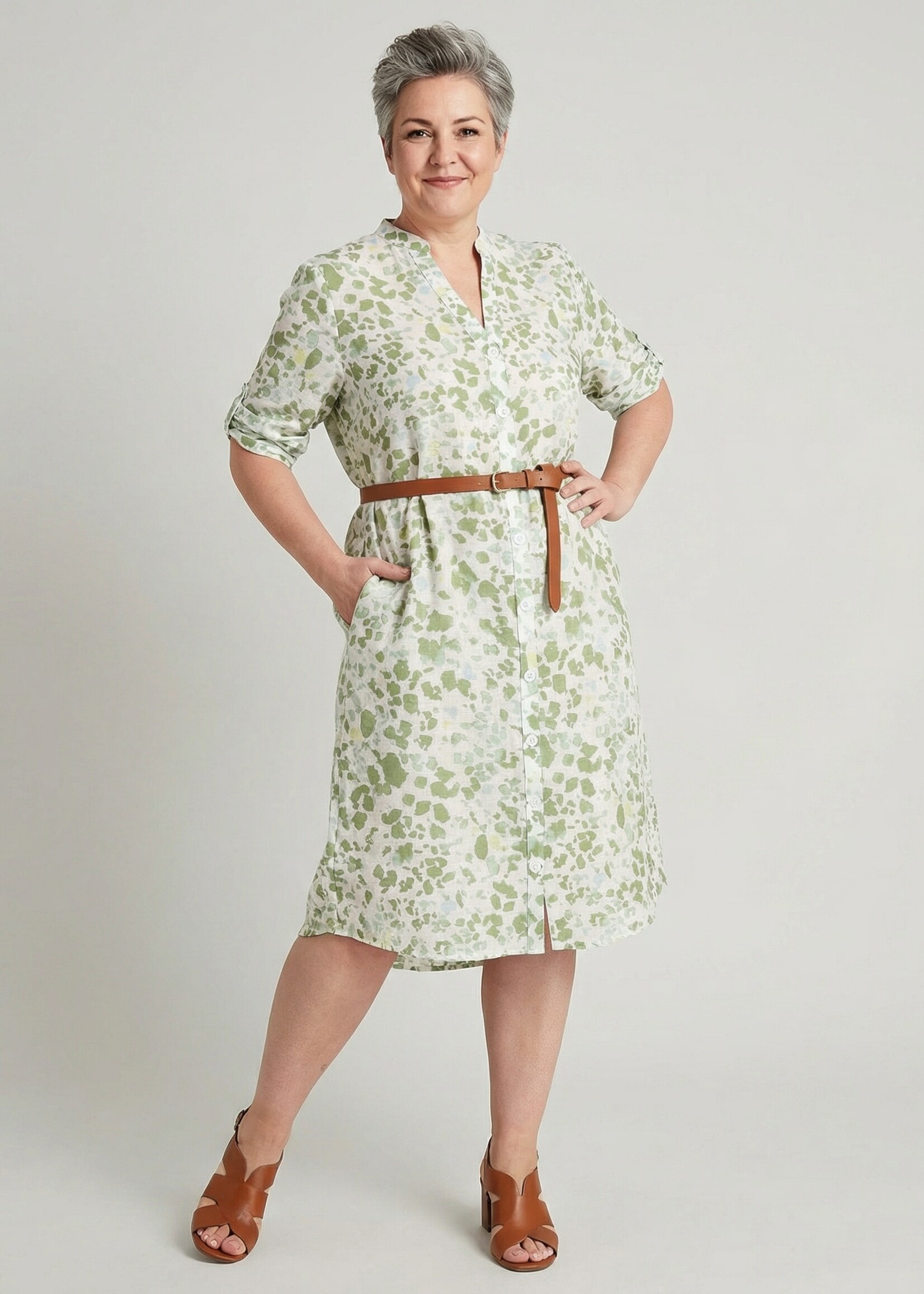 Yest Curve Yest Curve Jurk Luisa – Olijfgroene Print Doorknoopjurk (Draagbaar als Longblouse)