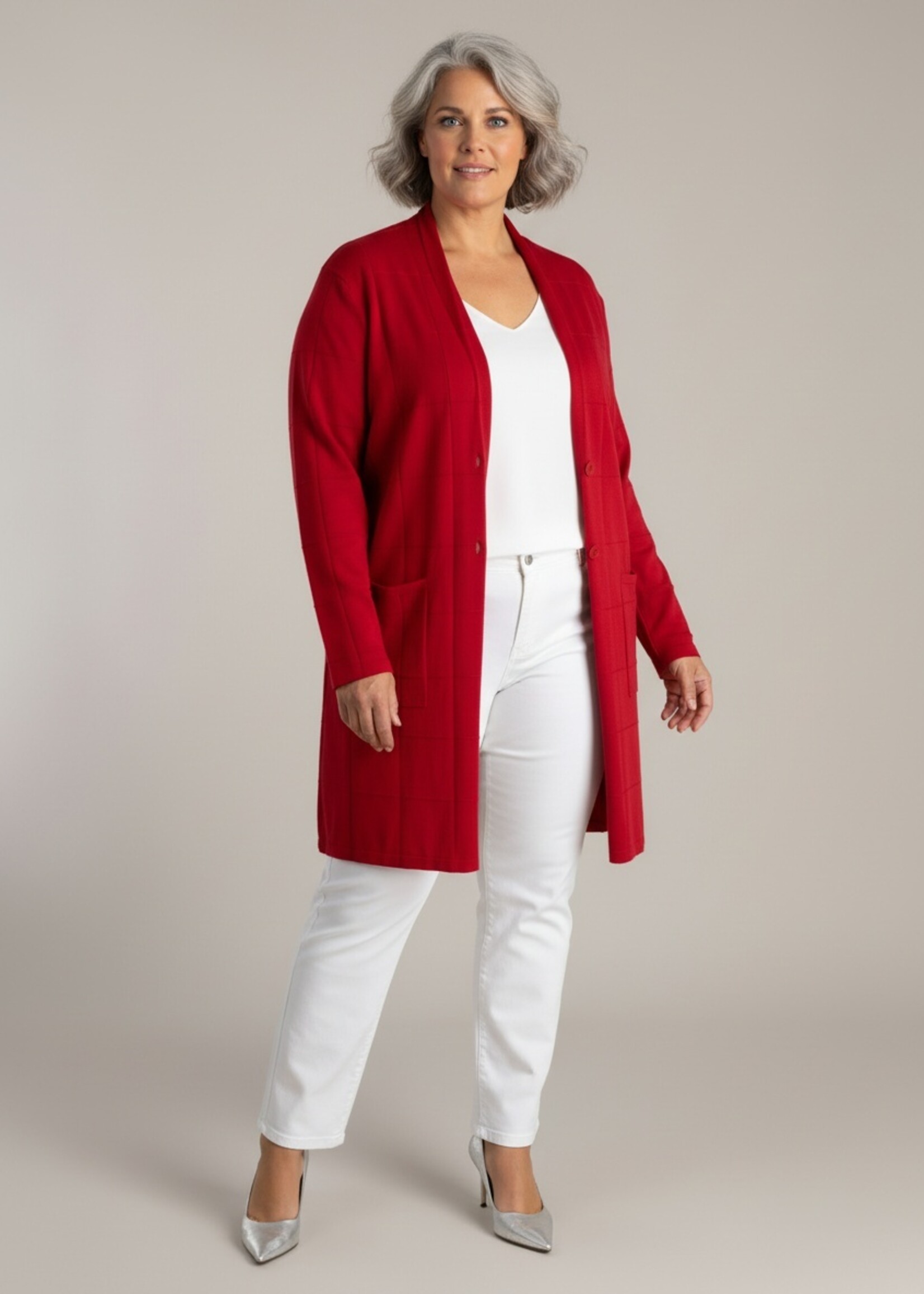 Colletta Colletta Vest Vlammend Rood - Lang Gebreid Vest met Ruitpatroon en Zakken (9000652)