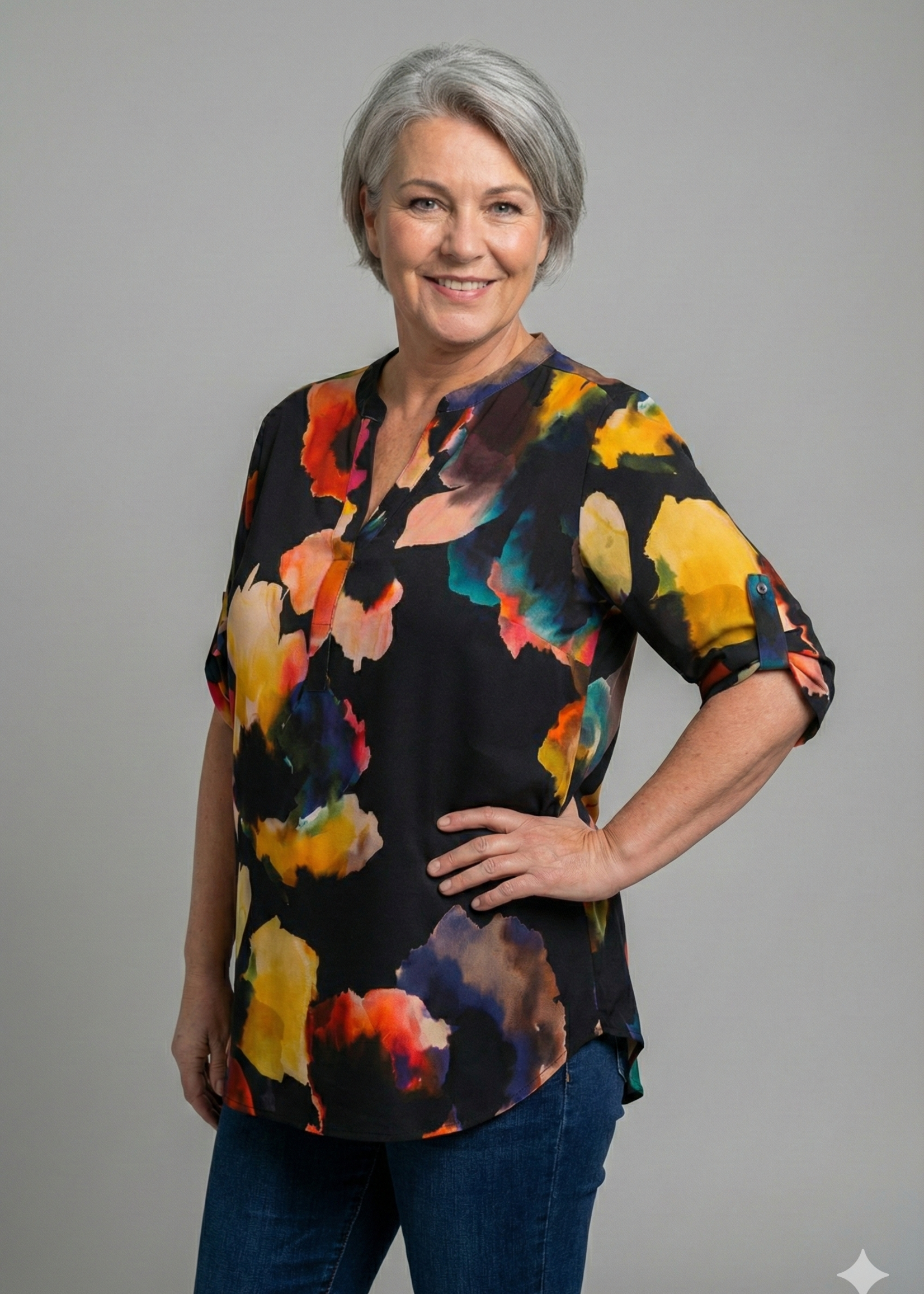 Doris Streich Blouse Doris Streich 228312 – soepele viscose blouse met abstracte bloemenprint en V-hals