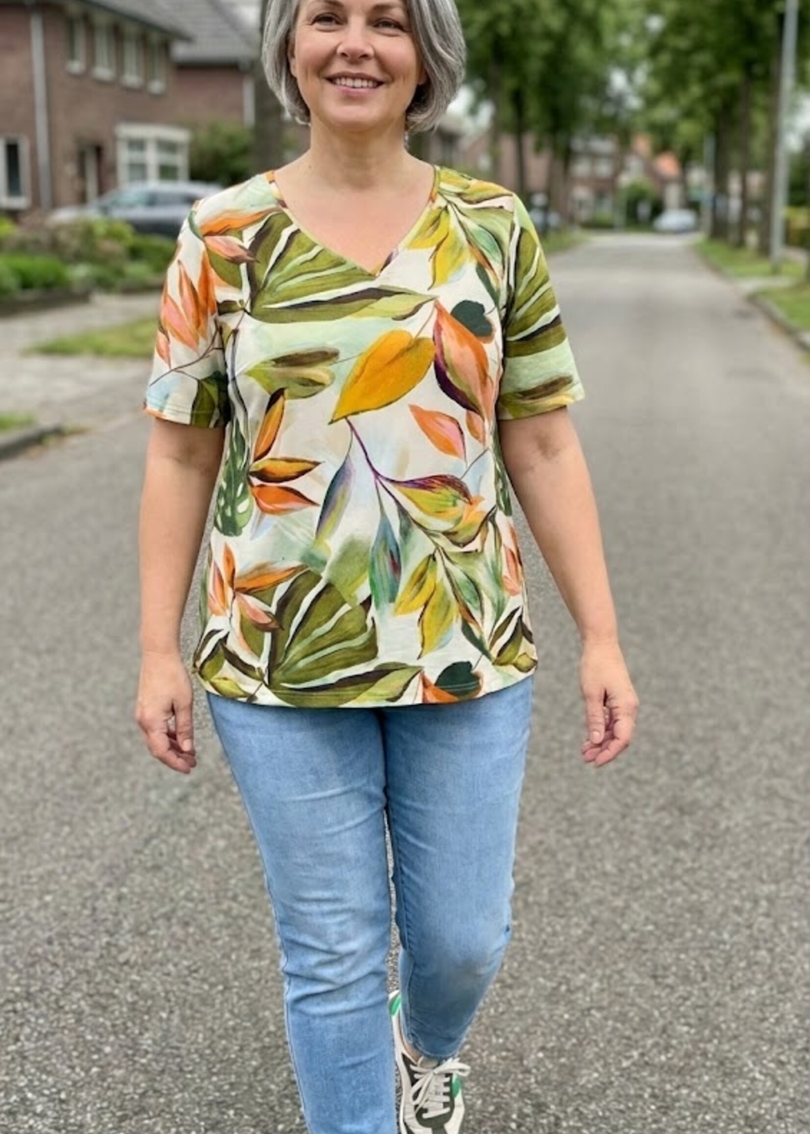 KJBrand KjBrand Shirt Botanical Leaf - A-lijn Top met V-hals in Viscose Stretch (15499 5215)