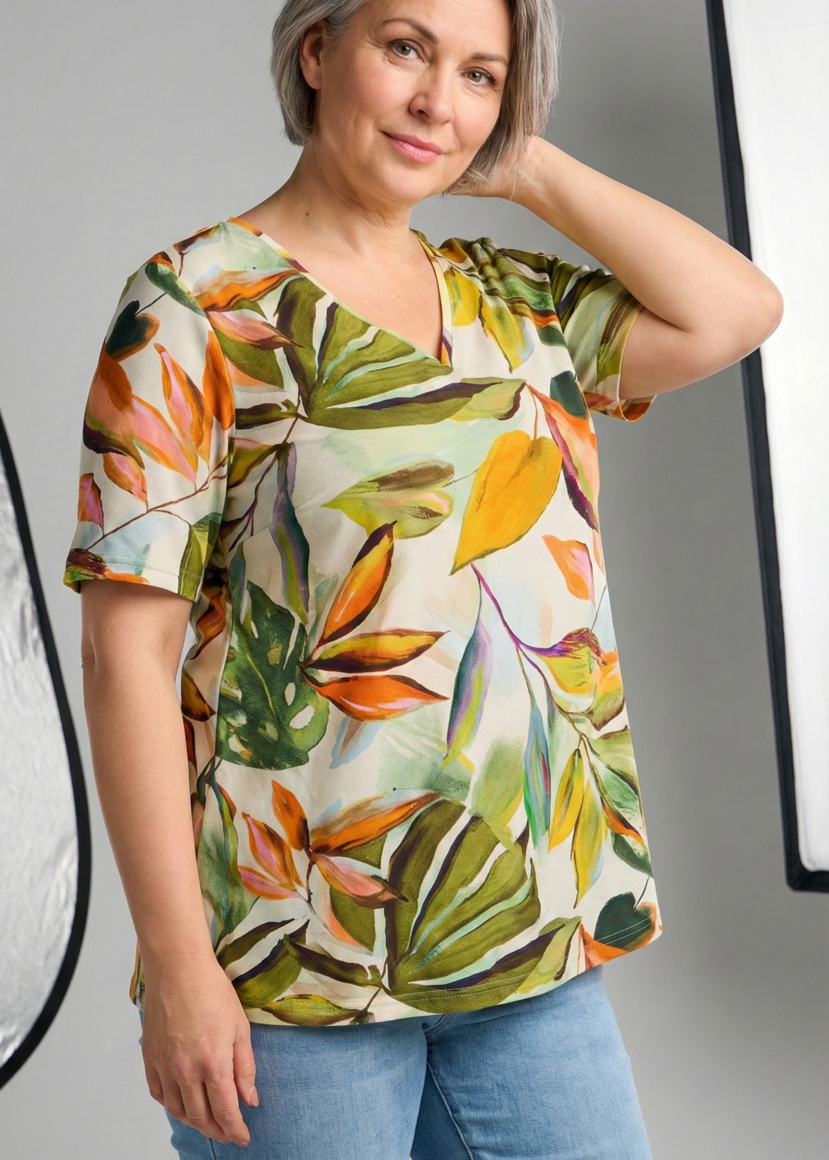 KJBrand KjBrand Shirt Botanical Leaf - A-lijn Top met V-hals in Viscose Stretch (15499 5215)