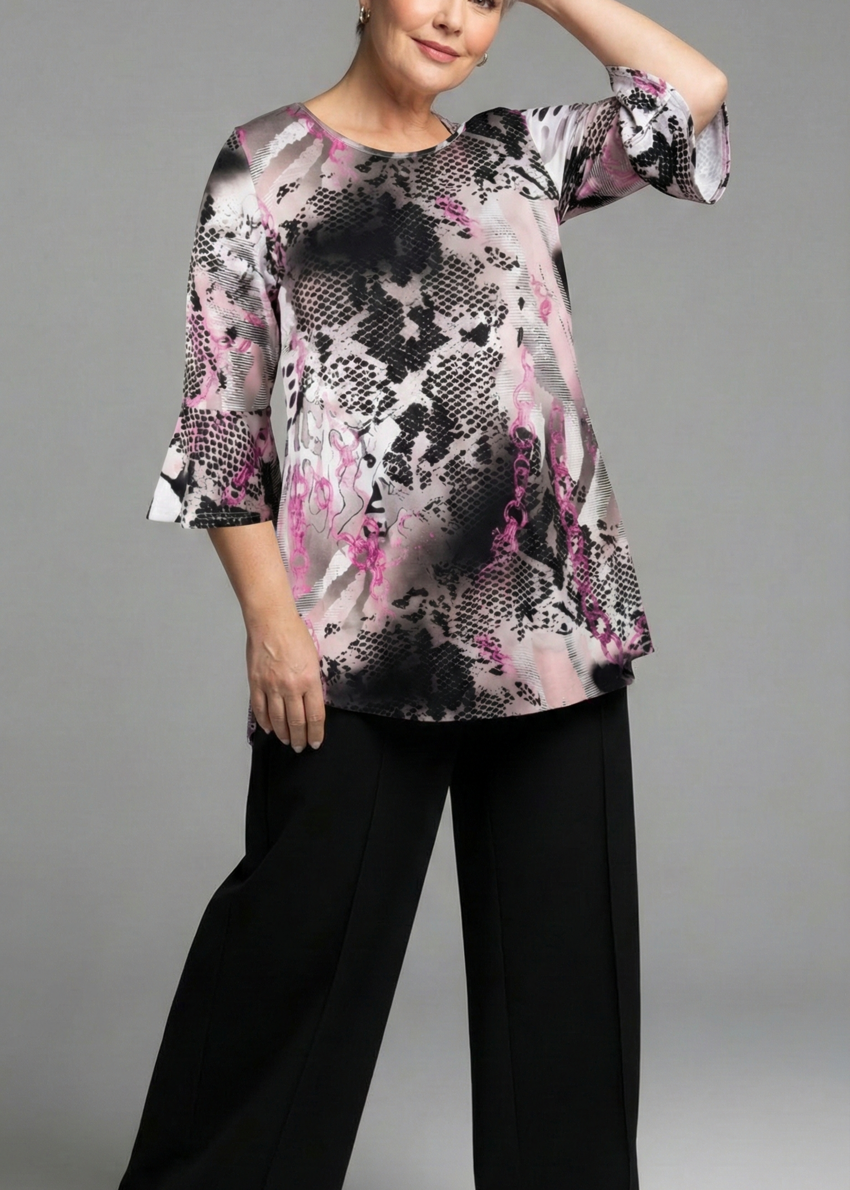 MJ Style MJ Style Tuniek Demi Pink Snake - A-lijn Top met Trompetmouw en Rugdetail