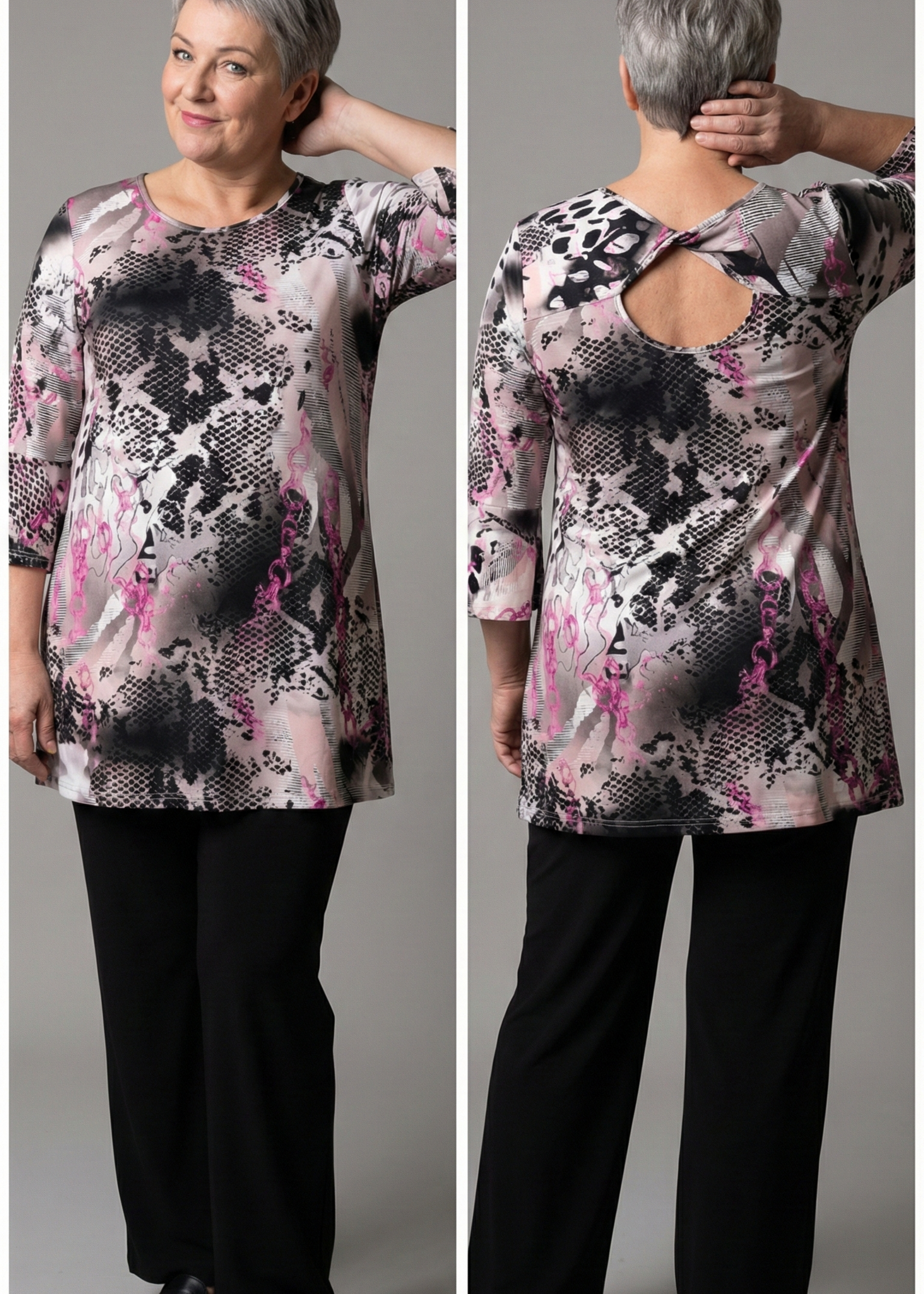 MJ Style MJ Style Tuniek Demi Pink Snake - A-lijn Top met Trompetmouw en Rugdetail