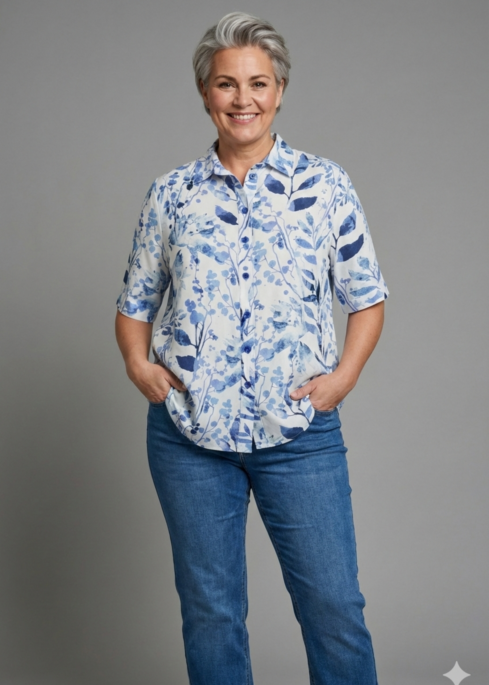 KJBrand Kj Brand Blouse 18091 5186 - Blauwe Botanische Print - Korte Mouw