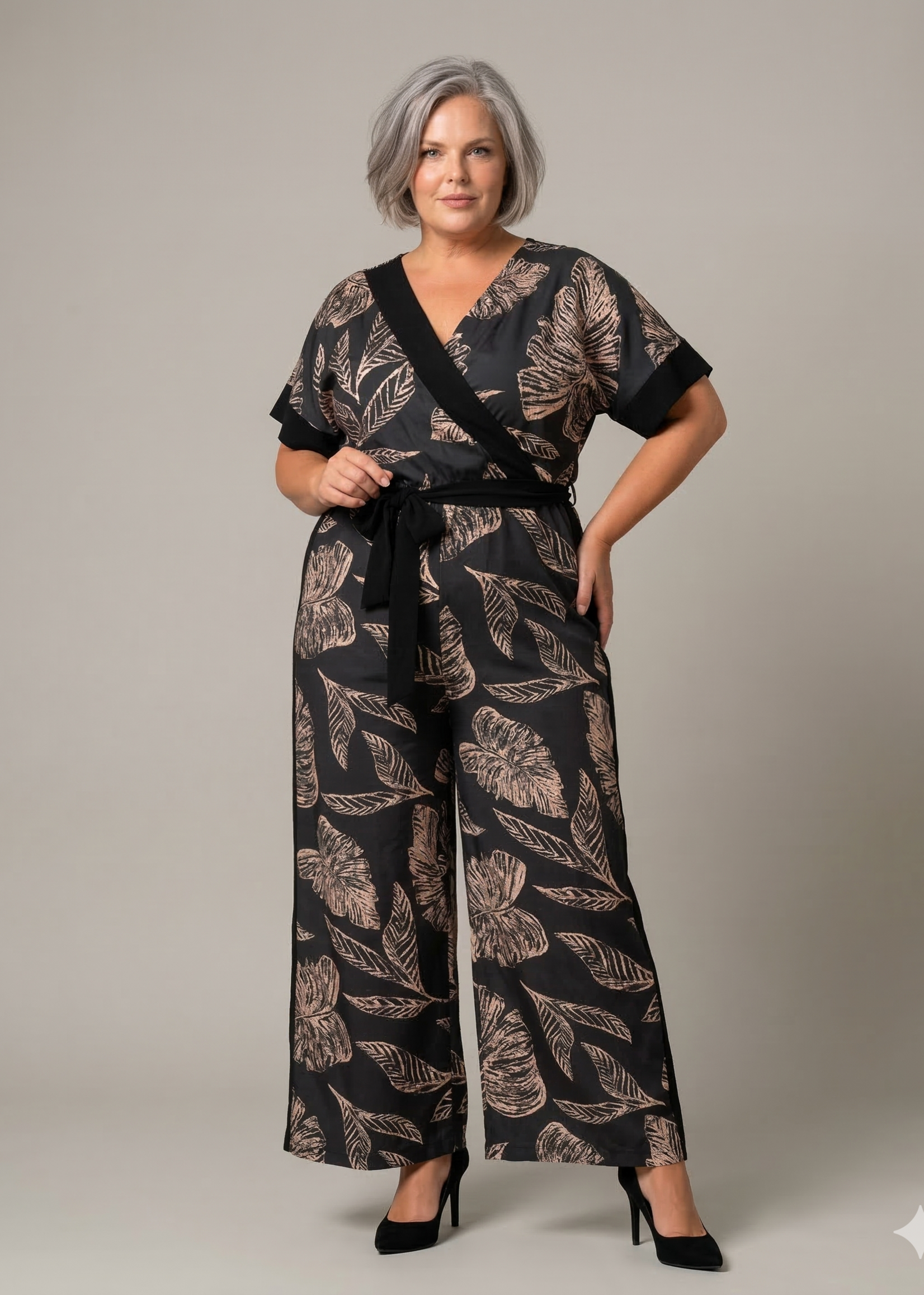 Curviss Curviss Jumpsuit met Bladprint - Zwart met Overslag V-hals (2665.47783)
