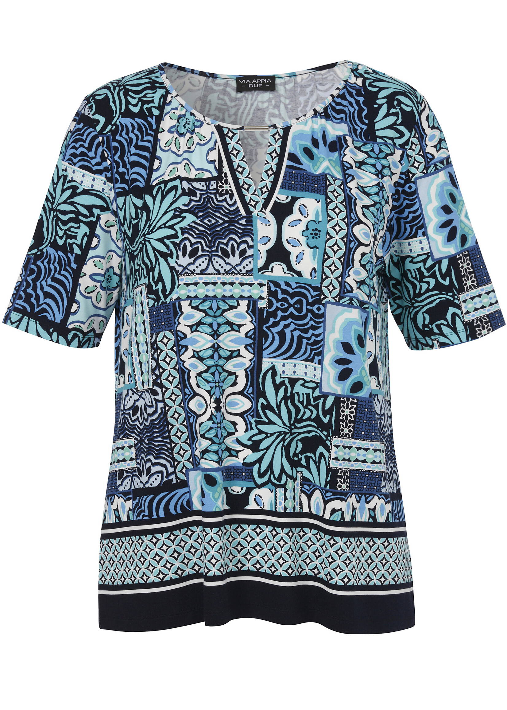 Via Appia Via Appia Due Shirt met Patchwork Print en V-split - Navy / Turquoise (2612724)