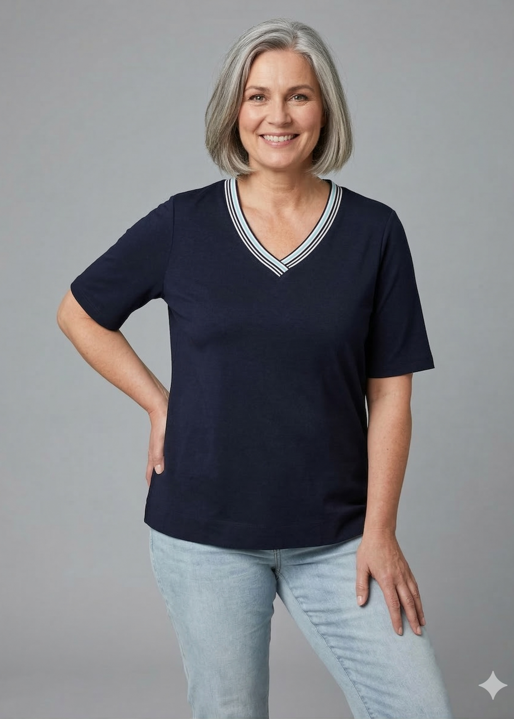 Via Appia Due Via Appia Due Shirt met Sportieve V-hals - Navy & Wit (2612734)