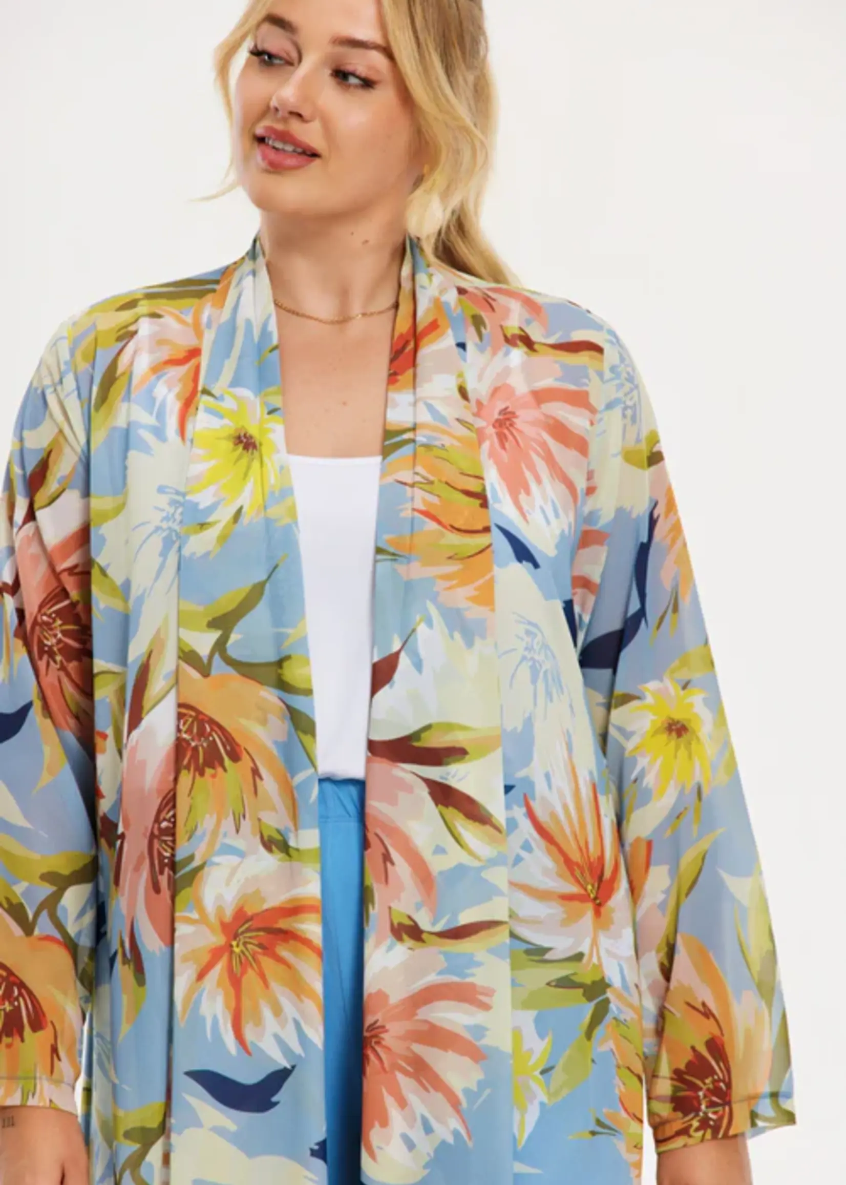 Yoek Yoek Black Label Cardigan Breeze Bloemenprint - Blauw / Koraal (364245)