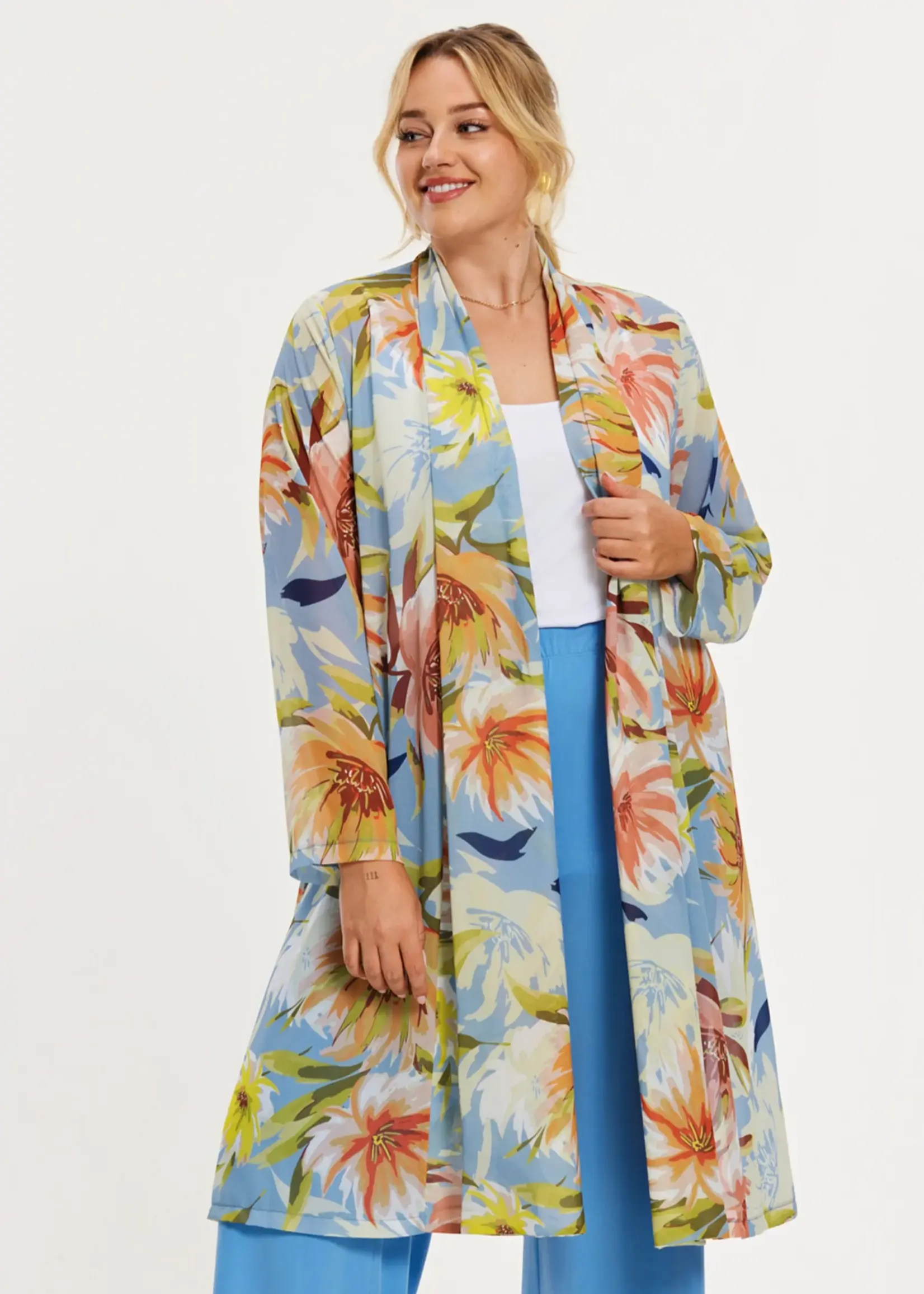 Yoek Yoek Black Label Cardigan Breeze Bloemenprint - Blauw / Koraal (364245)