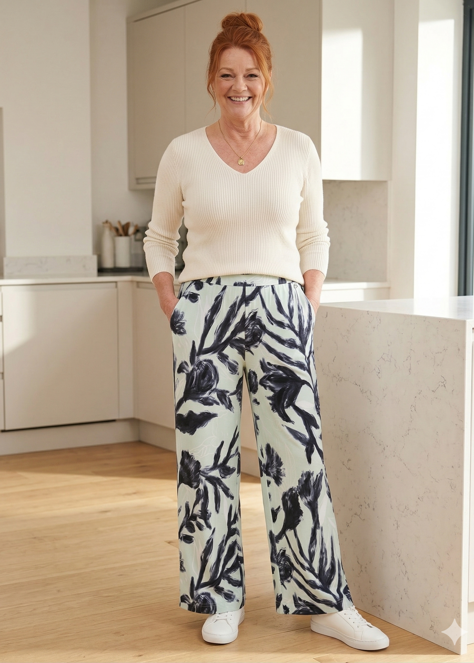 Frapp Frapp Wide Leg Broek met Bladprint - Mint / Navy (2652472)