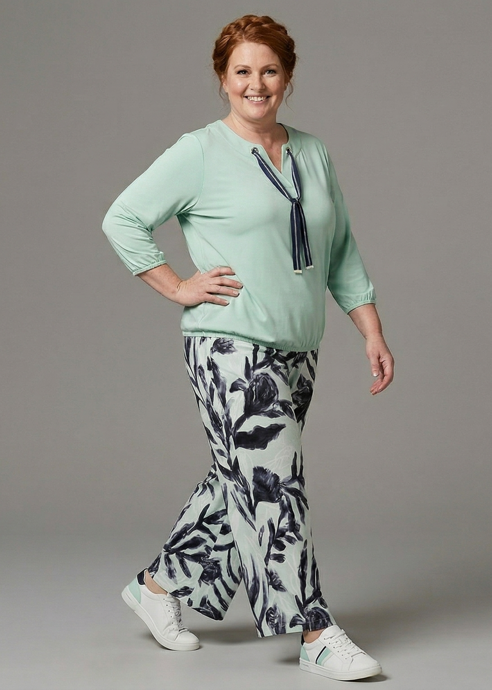 Frapp Frapp Wide Leg Broek met Bladprint - Mint / Navy (2652472)