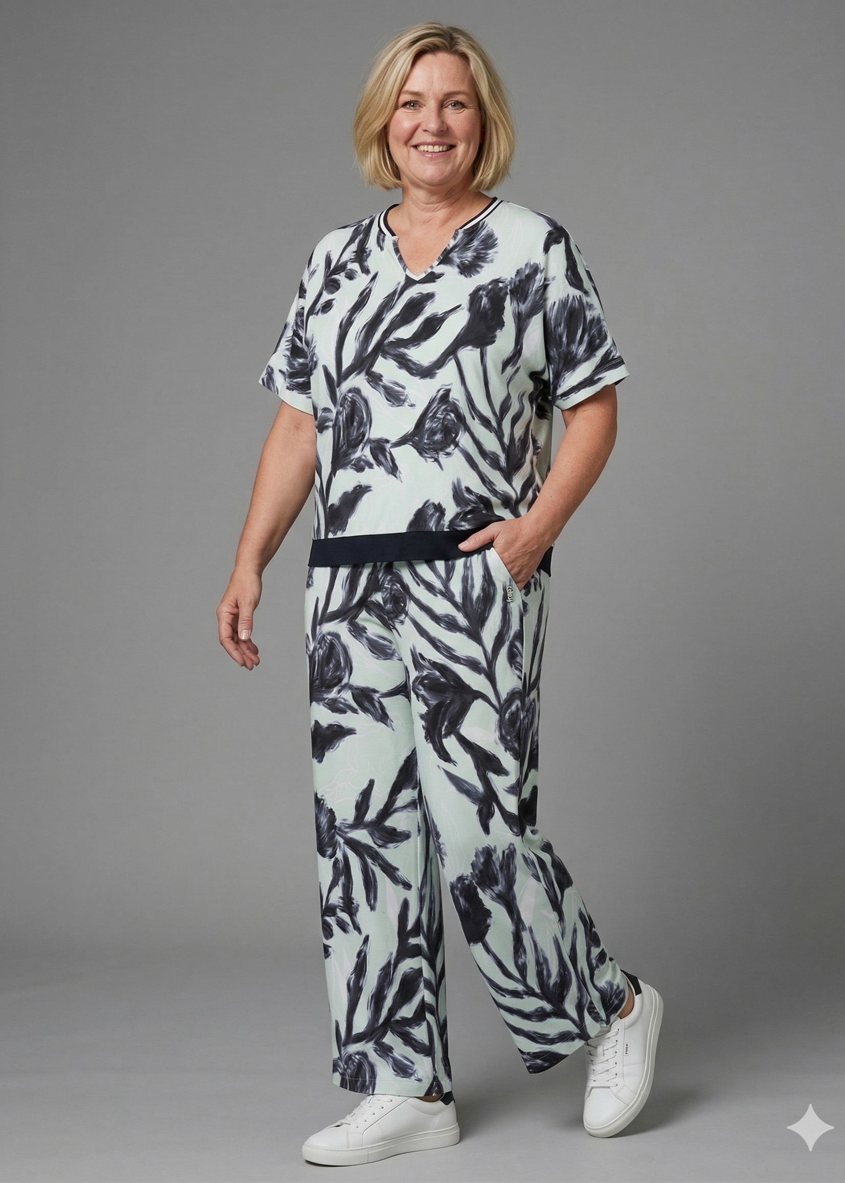 Frapp Frapp Wide Leg Broek met Bladprint - Mint / Navy (2652472)