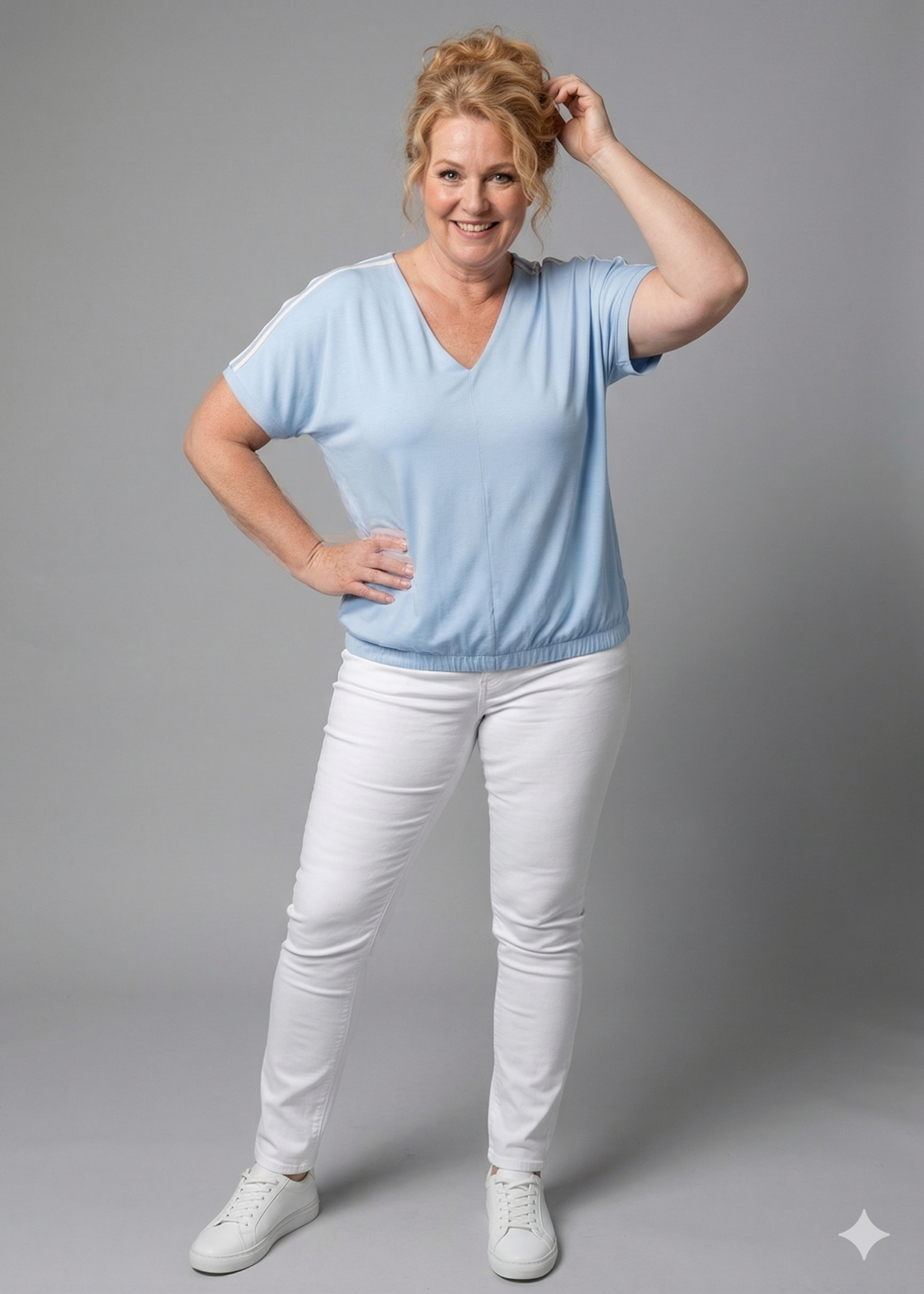 Frapp Frapp Blouson Shirt met V-Hals en Sportstreep - Lichtblauw (2652421)