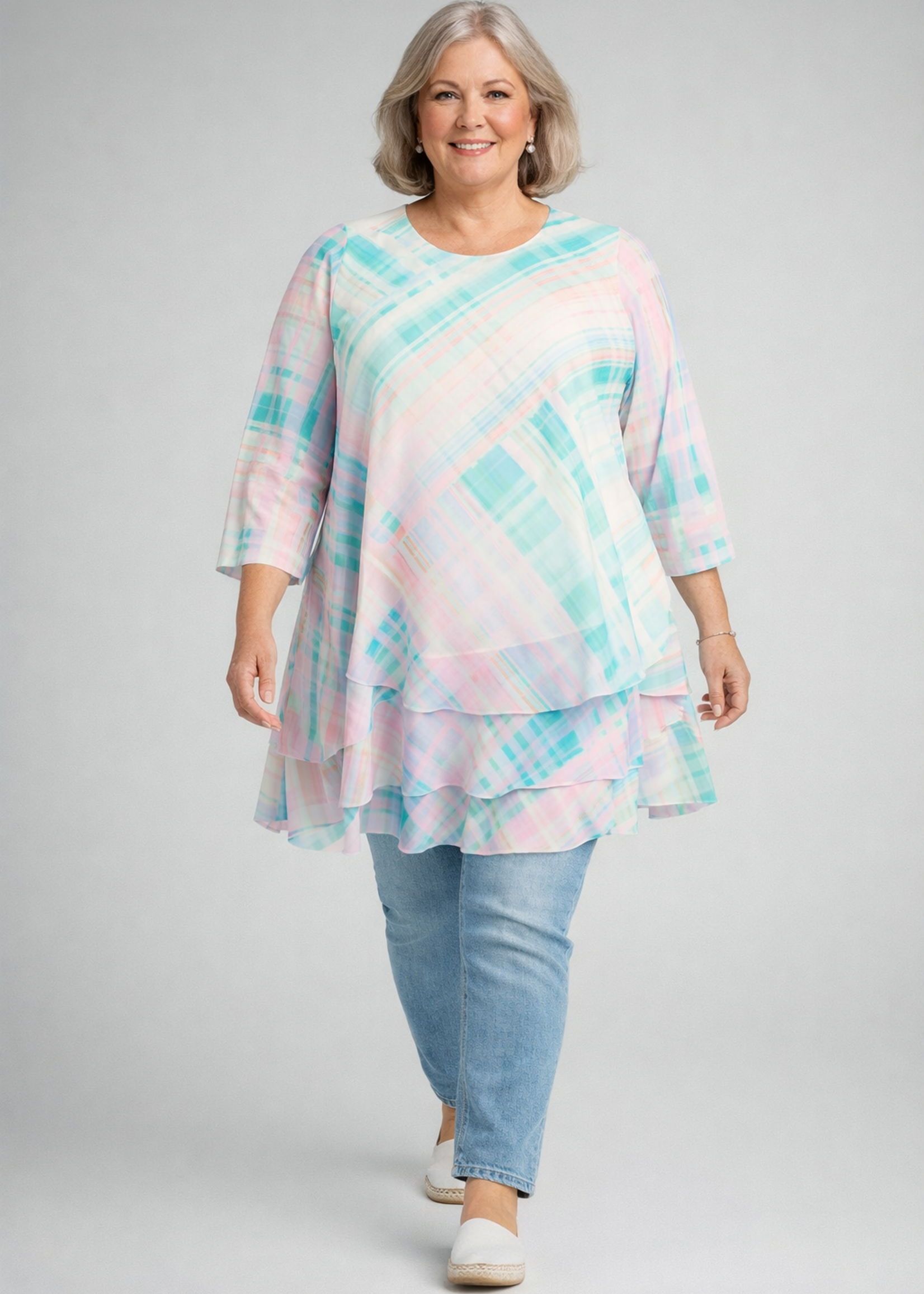 Yoek Yoek Mesh Tuniek HIDEAWAY met Lagen en Ruitdessin - Turquoise / Mint (362491)