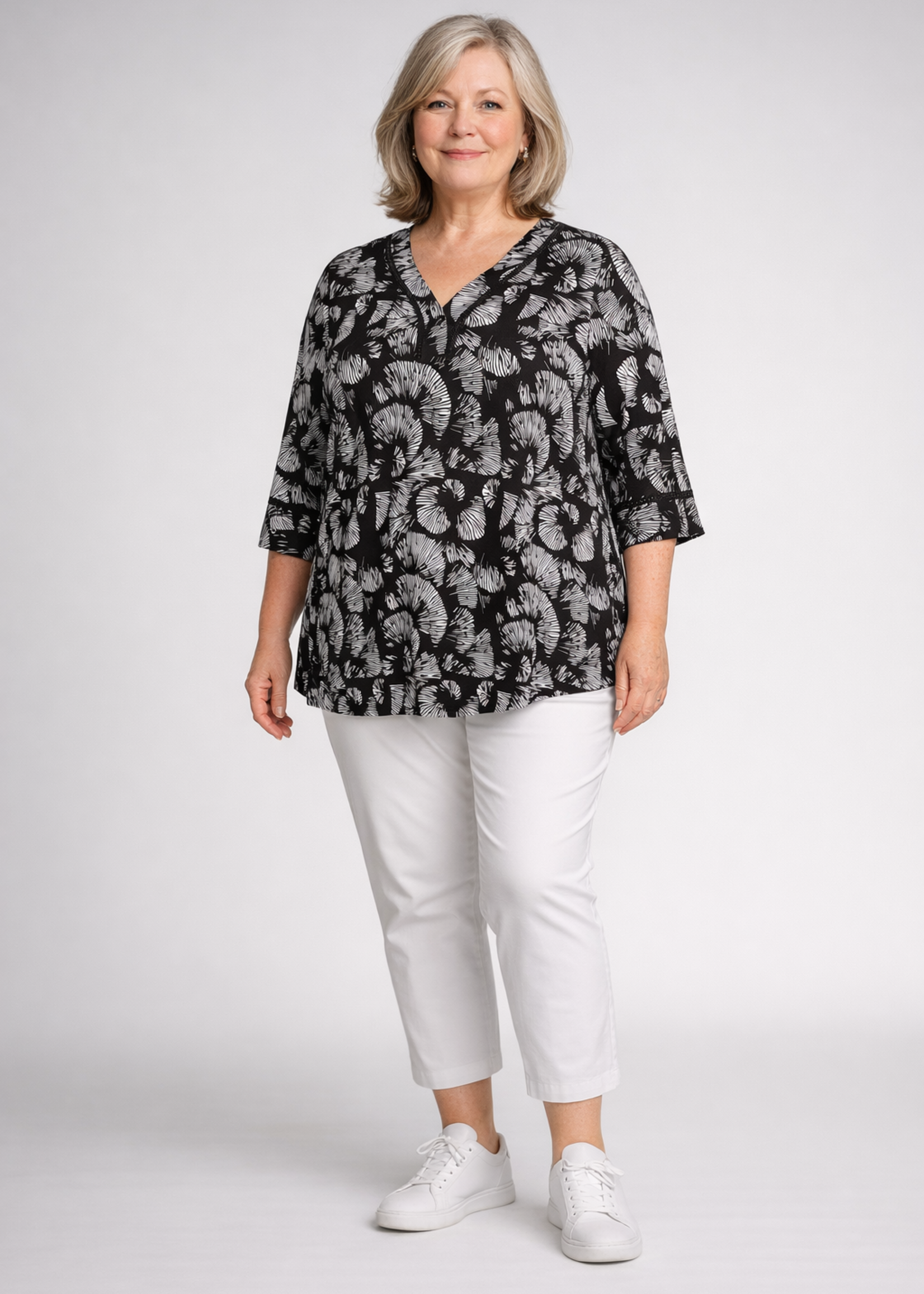 Colletta Colletta Shirt - Zwart-Witte Print met Chique Mesh Details en A-lijn (9000660)