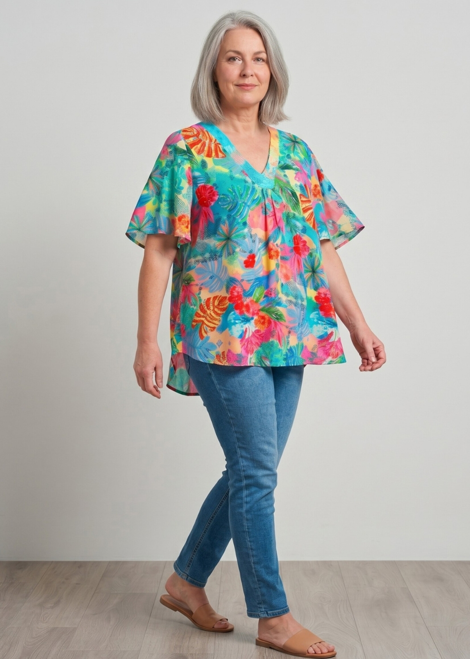 Orientique Orientique Blouse Malvinas V - Kleurrijke Rayon Top met V-hals en High-Low Zoom