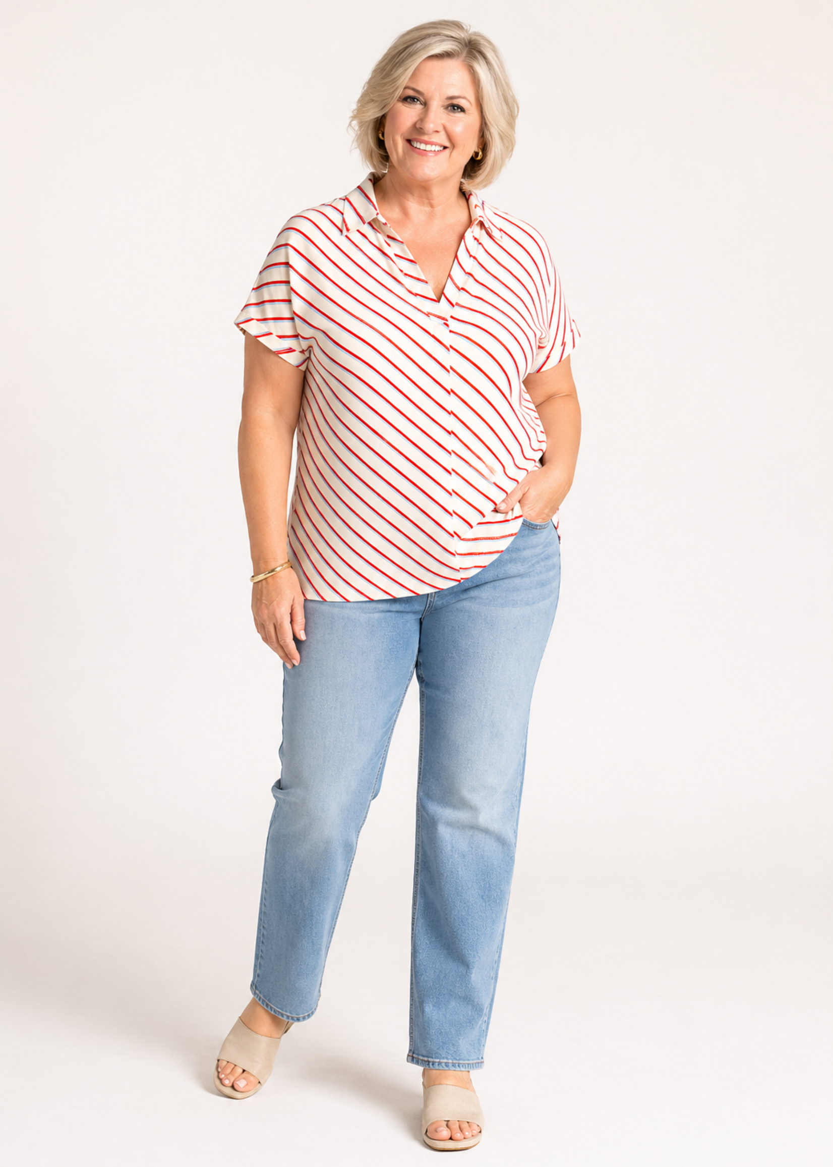 Via Appia Due Via Appia Due blouse met diagonale streep | crème rood/blauw
