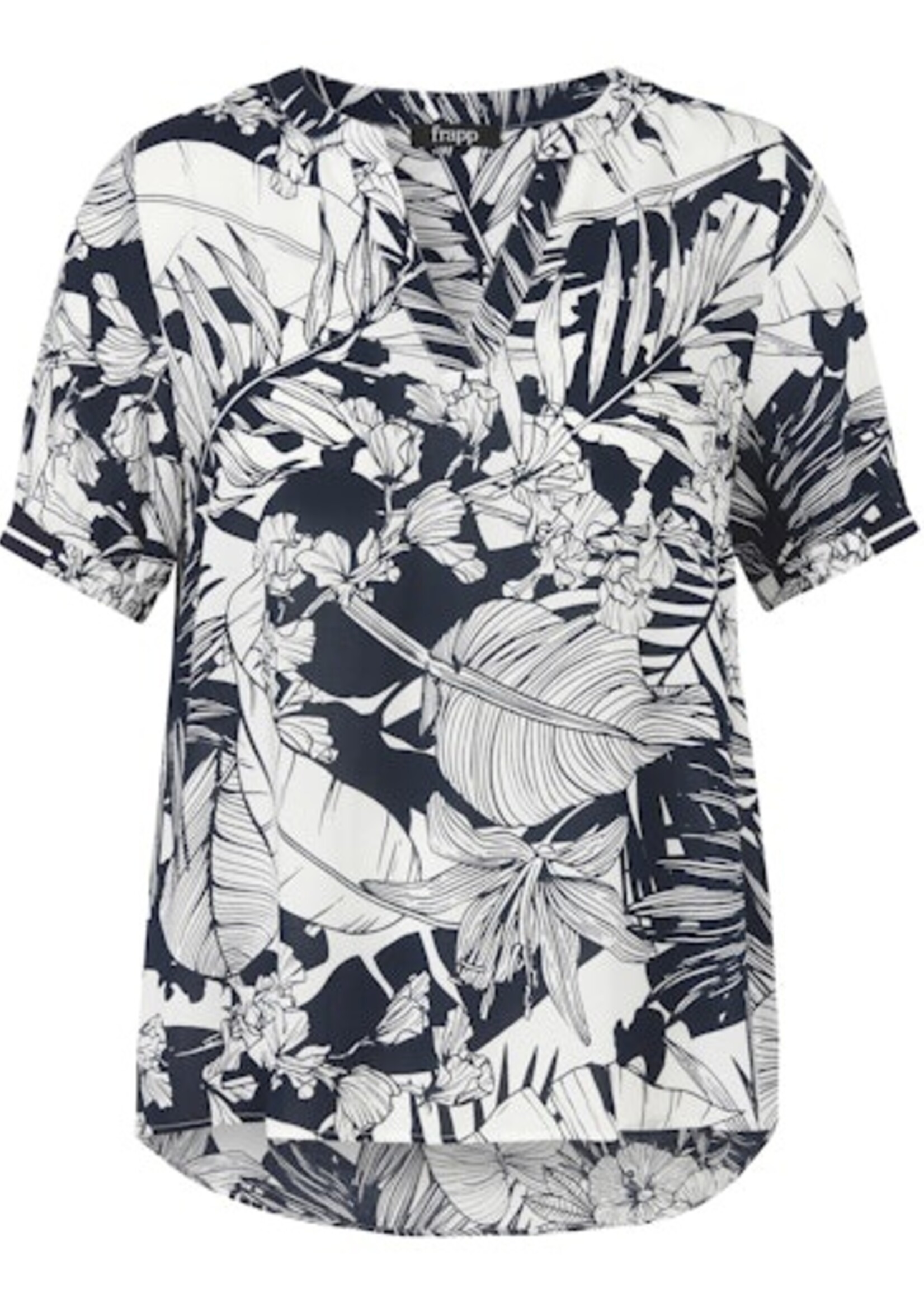 Frapp Blouse van Frapp met navy-witte bladprint – soepel, luchtig en flatterend