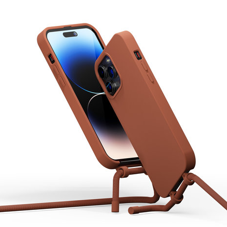 Coverzs Coverzs Silikonhülle mit Band iPhone 14 Pro (Braun) Coverzs Coverzs Silikonhülle mit Band iPhone 14 Pro (Braun)