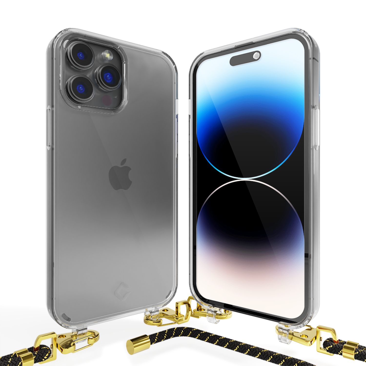iPhone 14 Pro Transparente Hülle mit Band (Schwarz/Gold) - Huellen