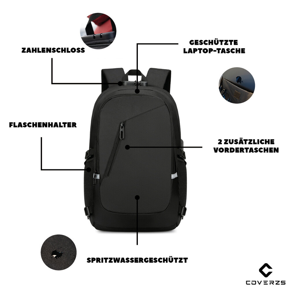 Coverzs Anti-Diebstahl-Rucksack mit Laptop-Fach (schwarz) 