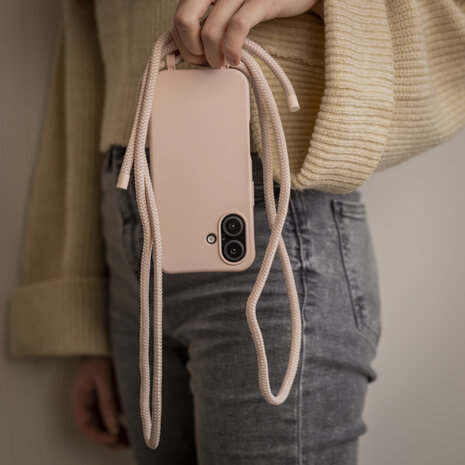 Coverzs Coverzs Silikon Hülle mit Band iPhone 16 Plus (Rosa)