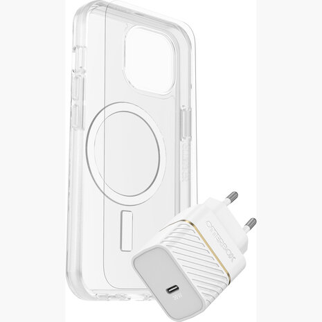 Otterbox OtterBox iPhone 15 KIT Symmetry MagSafe mit Displayschutzfolien & EU USB-C 30w snelladegerät (Weiß)