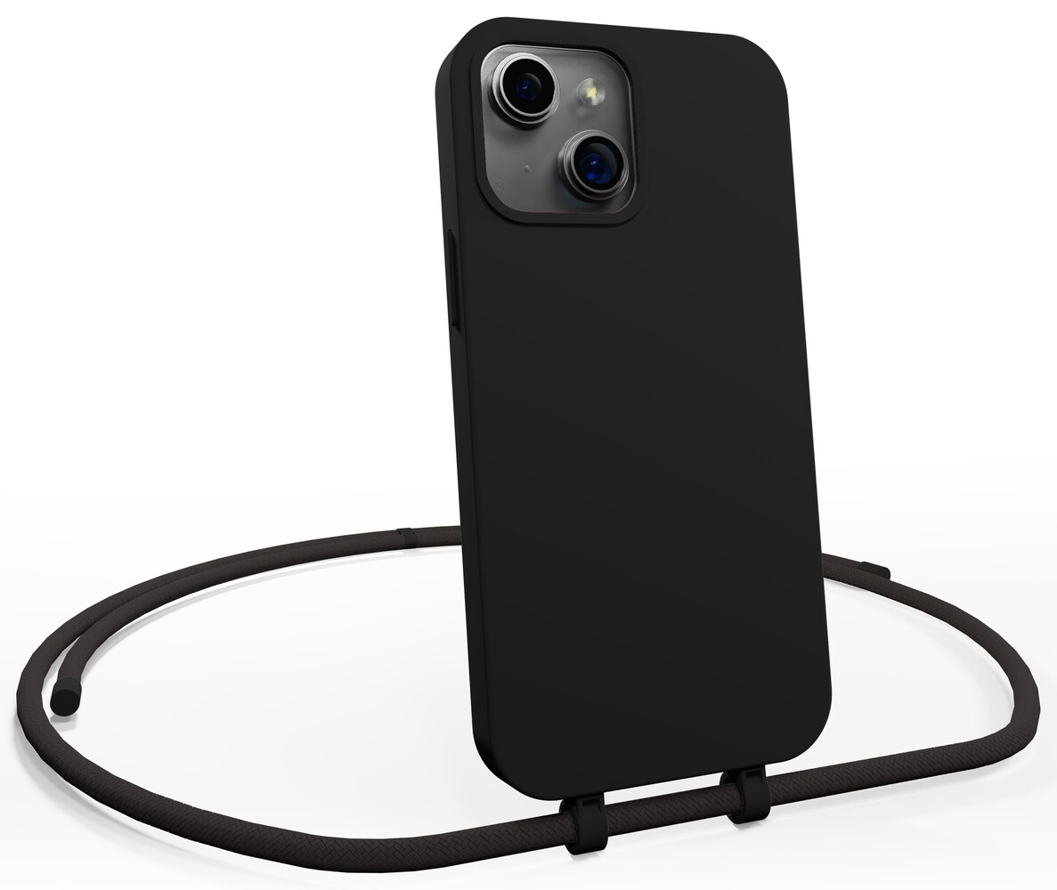 Coverzs Coverzs iPhone 15 Plus Silikon Hülle mit Kord (zwart)