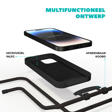 Coverzs Coverzs iPhone 15 Plus Silikon Hülle mit Kord (zwart)