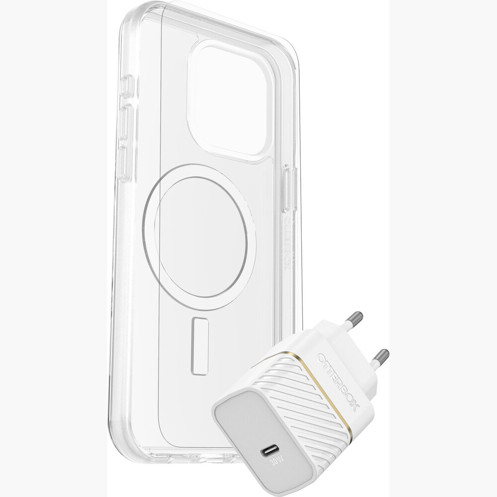 Otterbox OtterBox iPhone 15 Pro Max KIT Symmetry MagSafe Hülle mit Displayschutzfolien & EU USB-C 30w Snelladegerät (Weiß)