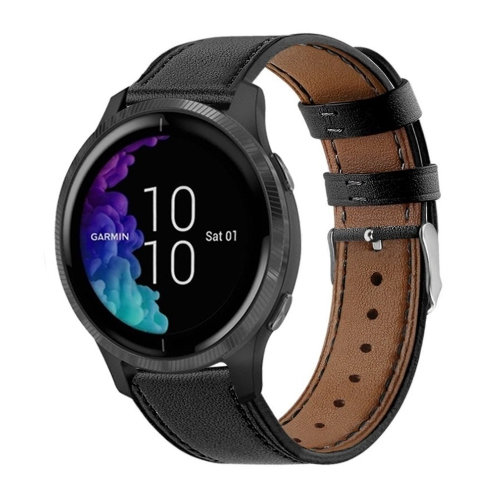 Garmin Venu (SQ) Armband Leder (glattes Schwarz) Smartwatcharmbaender.de