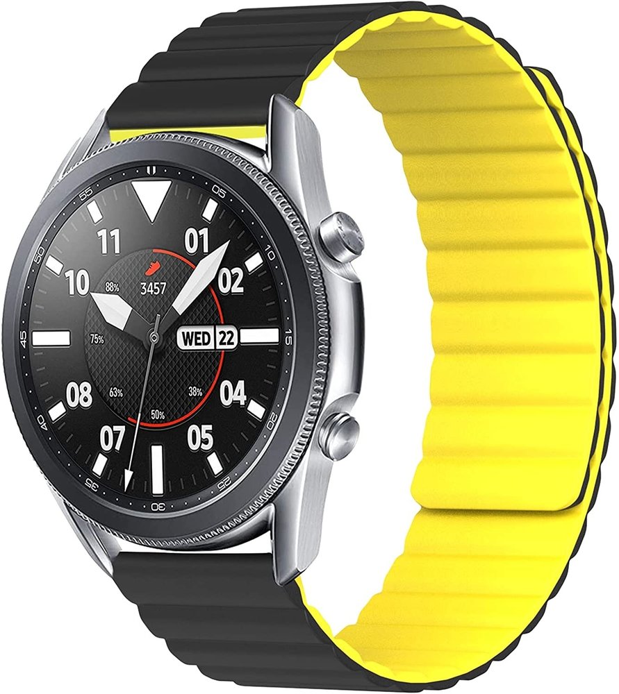 Strap-it® Strap-it Samsung Galaxy Watch 3 45mm Magnetisches Silikonarmband (Schwarz/Gelb)