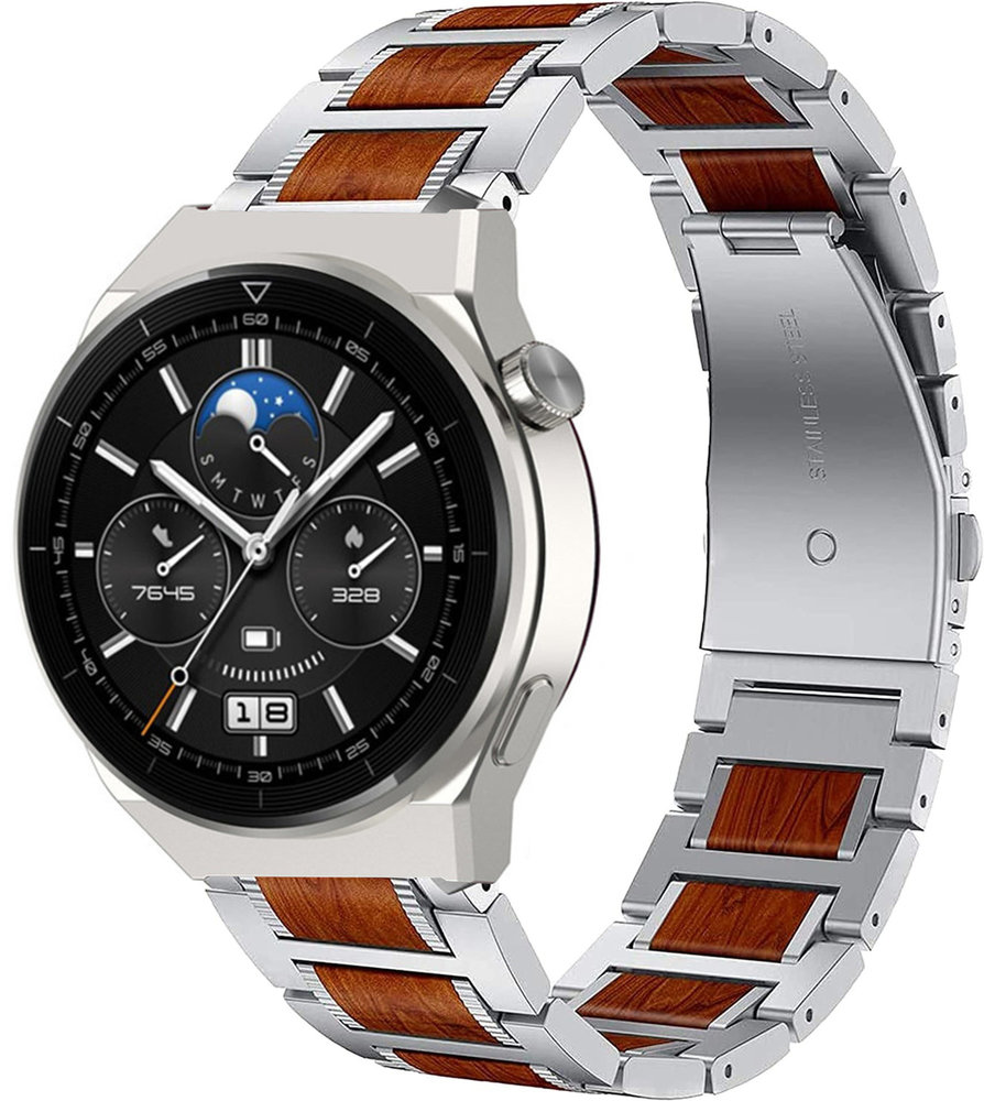 Strap-it® Strap-it Huawei Watch GT 3 Pro 46mm Holz/Stahlarmband (Silber)