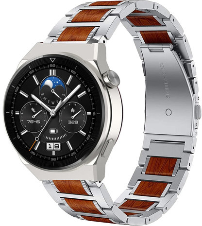 Strap-it® Strap-it Huawei Watch GT 3 Pro 46mm Holz/Stahlarmband (Silber)