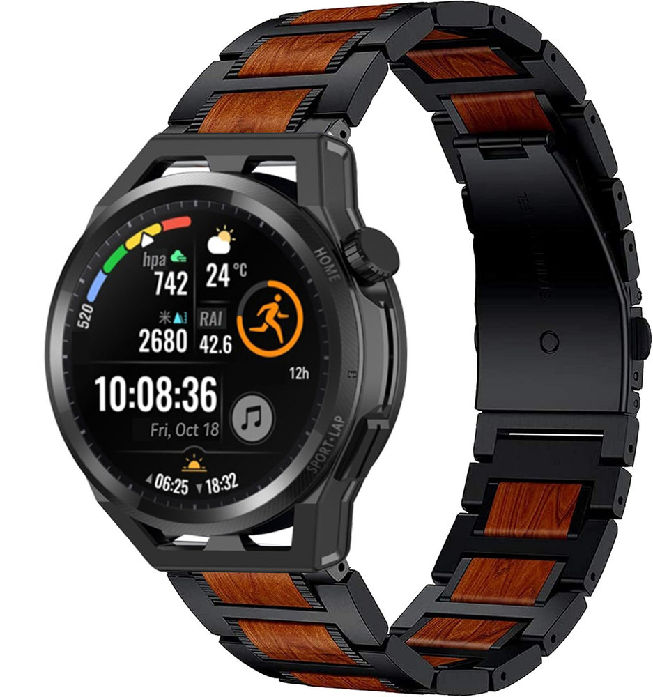 Strap-it® Strap-it Huawei Watch GT Runner Holz/Stahlarmband (Schwarz)