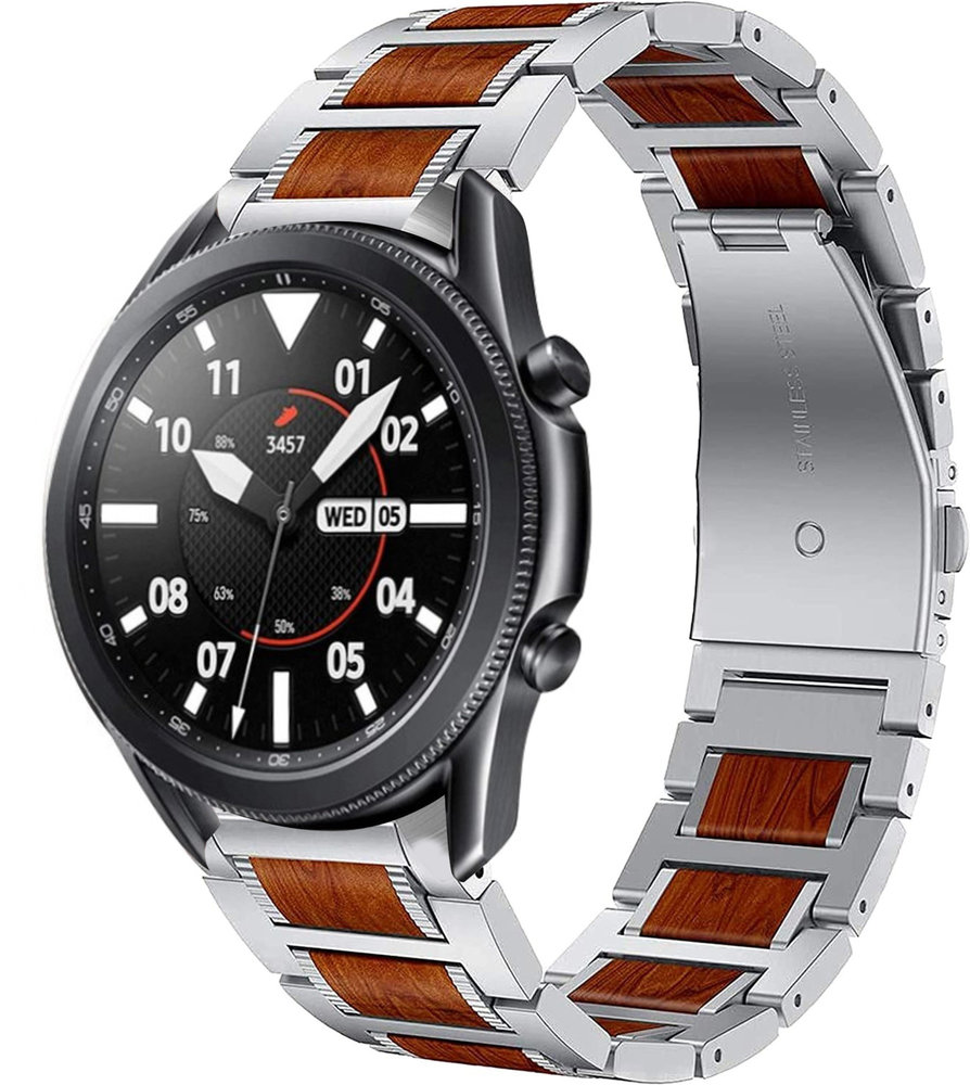 Strap-it® Strap-it Samsung Galaxy Watch 3 45mm Holz/Stahlarmband (Silber)