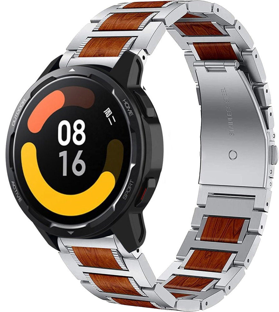 Strap-it® Strap-it Xiaomi Watch S1 Holz/Stahlarmband (Silber)