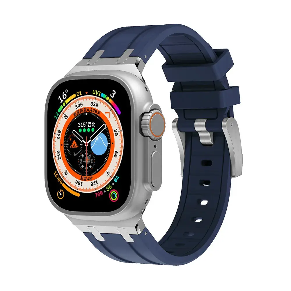 Strap-it® Strap-it Apple Watch Luxus Liquid Silikonarmband (Blau mit Silber)