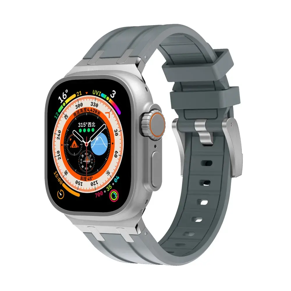 Strap-it® Strap-it Apple Watch Luxus Liquid Silikonarmband (Dunkelgrau mit Silber)