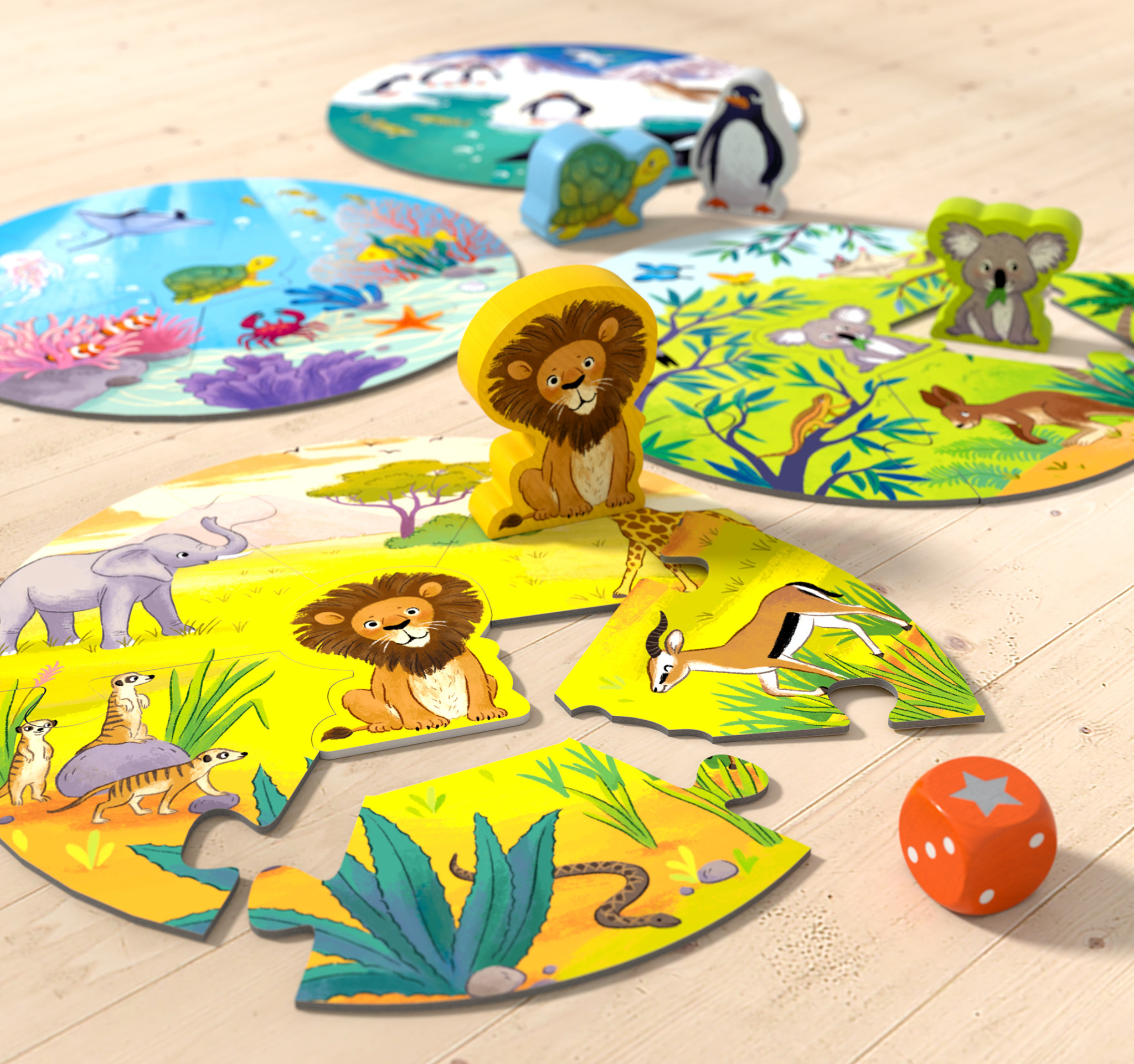 puzzel spel waar wonen de leeuw en zijn dierenvriendjes 3+-3