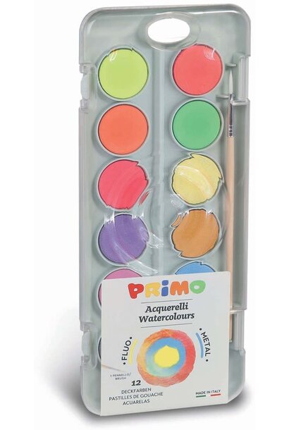 Primo waterverf palet + kwast 12 kleuren neon / metallic