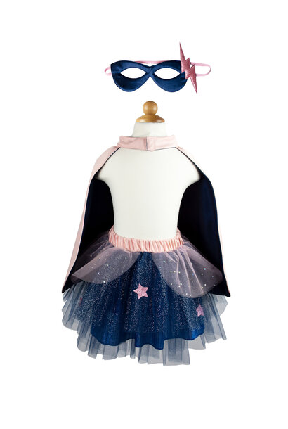 super-duper heldin rok + cape + masker roze/donkerblauw