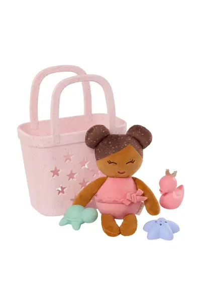 plush bad popje meisje bruin haar + mandje incl. accessoires