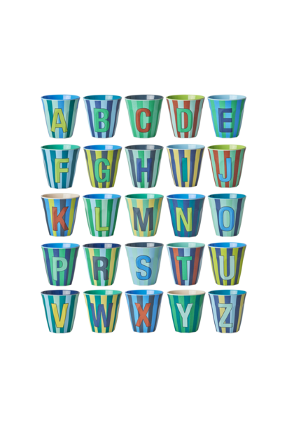 Rice melamine beker medium alfabet blauw gestreept