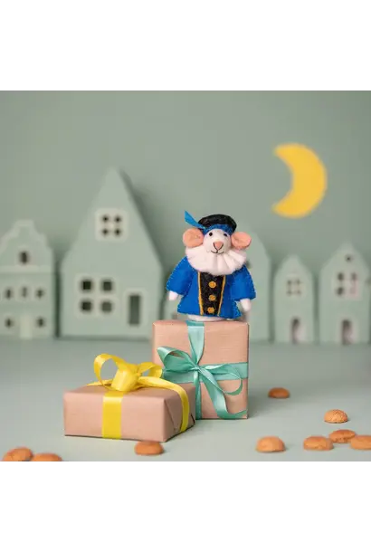 vilten vingerpopje piet muis 12cm - blauw