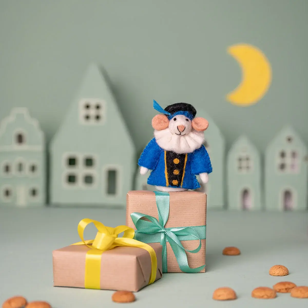 Sjaal met verhaal vilten vingerpopje piet muis 12cm - blauw-1