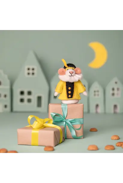 vilten vingerpopje piet muis 12cm - geel