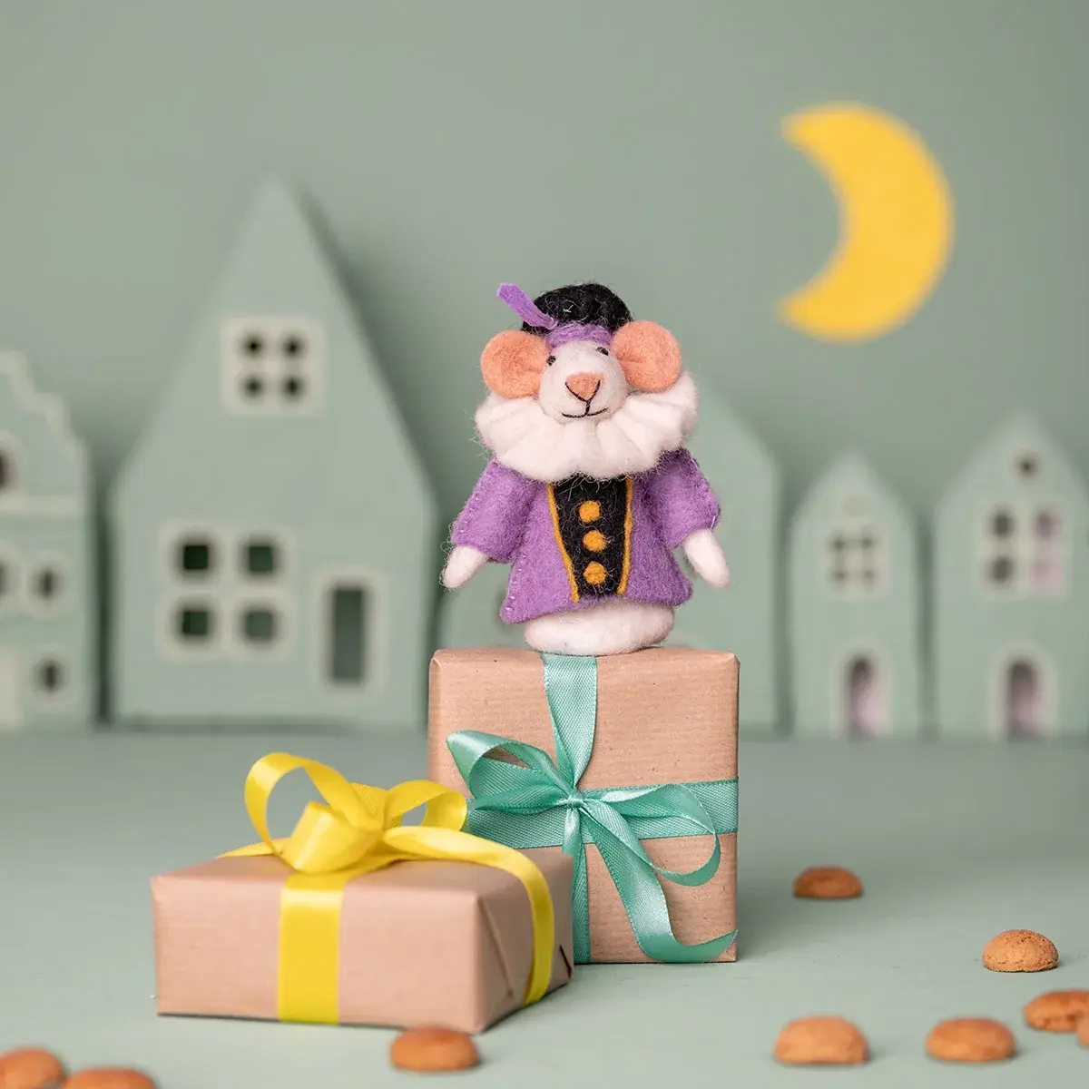 Sjaal met verhaal vilten vingerpopje piet muis 12cm - lila-4