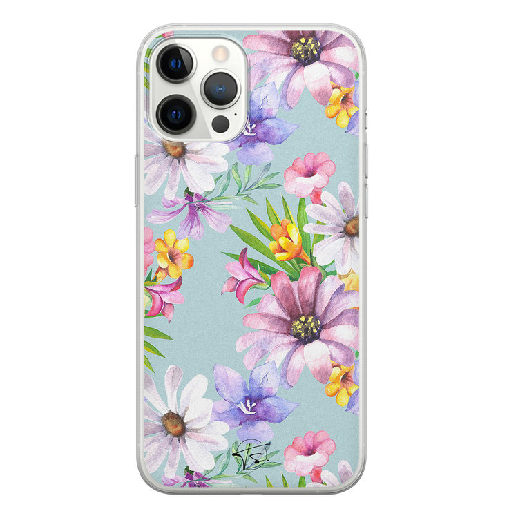 Telefoonhoesje Store iPhone 12 Pro Max siliconen hoesje - Mint bloemen