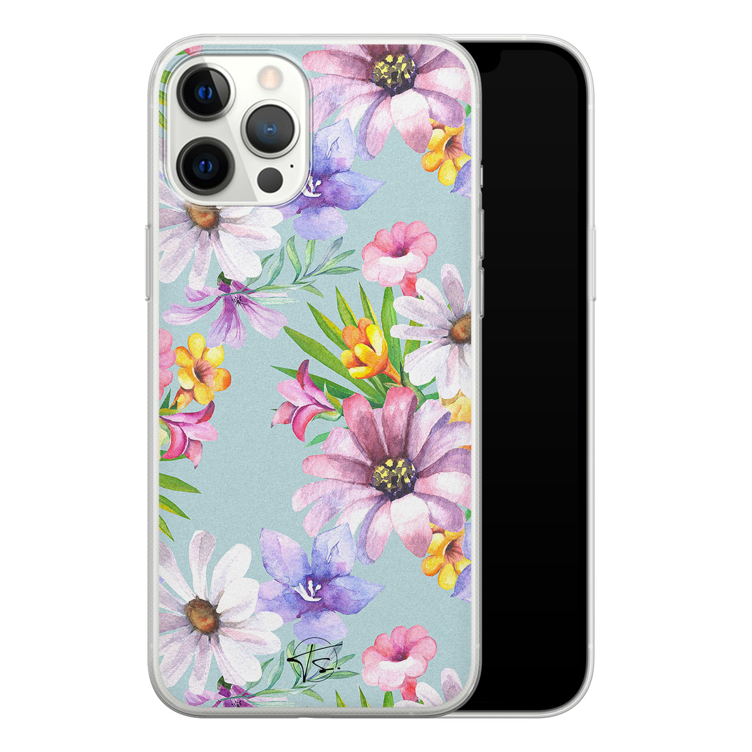 Telefoonhoesje Store iPhone 12 Pro Max siliconen hoesje - Mint bloemen